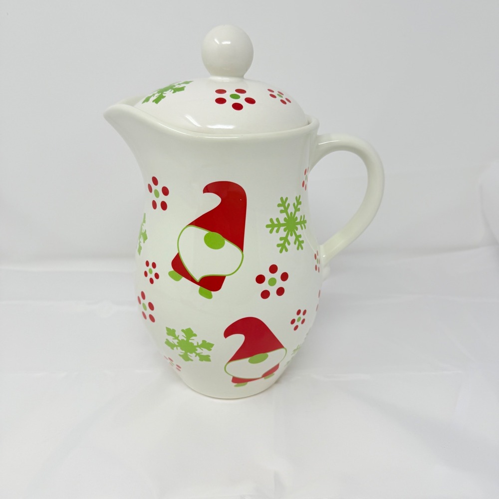 Super Adorable Temptations 2QT Hand Painted Gnome‎ Snowflakes Pitcher w/lid